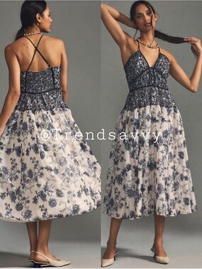 Anthropologie Floral Smocked Halter Midi Dress Black White Size XXSP  NWT